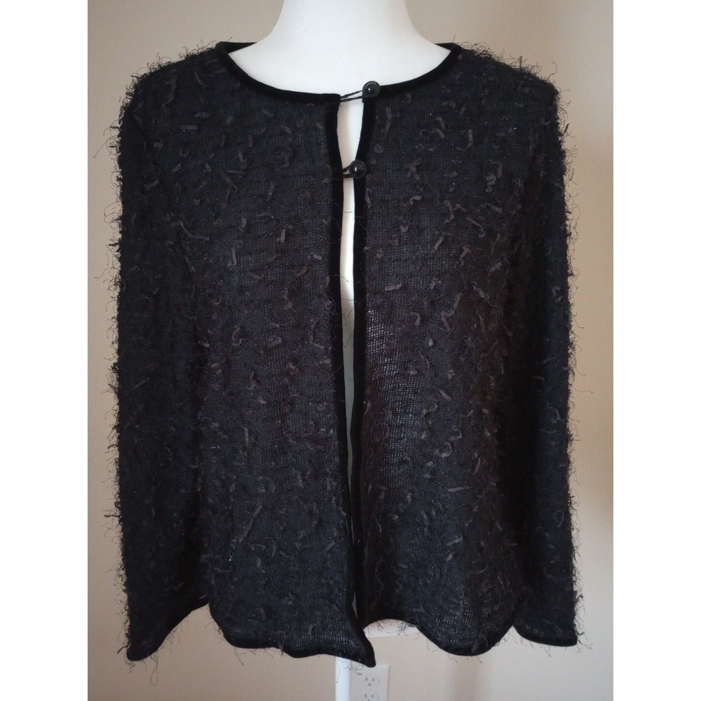 VTG Simon Chang 2 Button Cardigan Velvet Trim/Ribbon Textural Black XL EUC